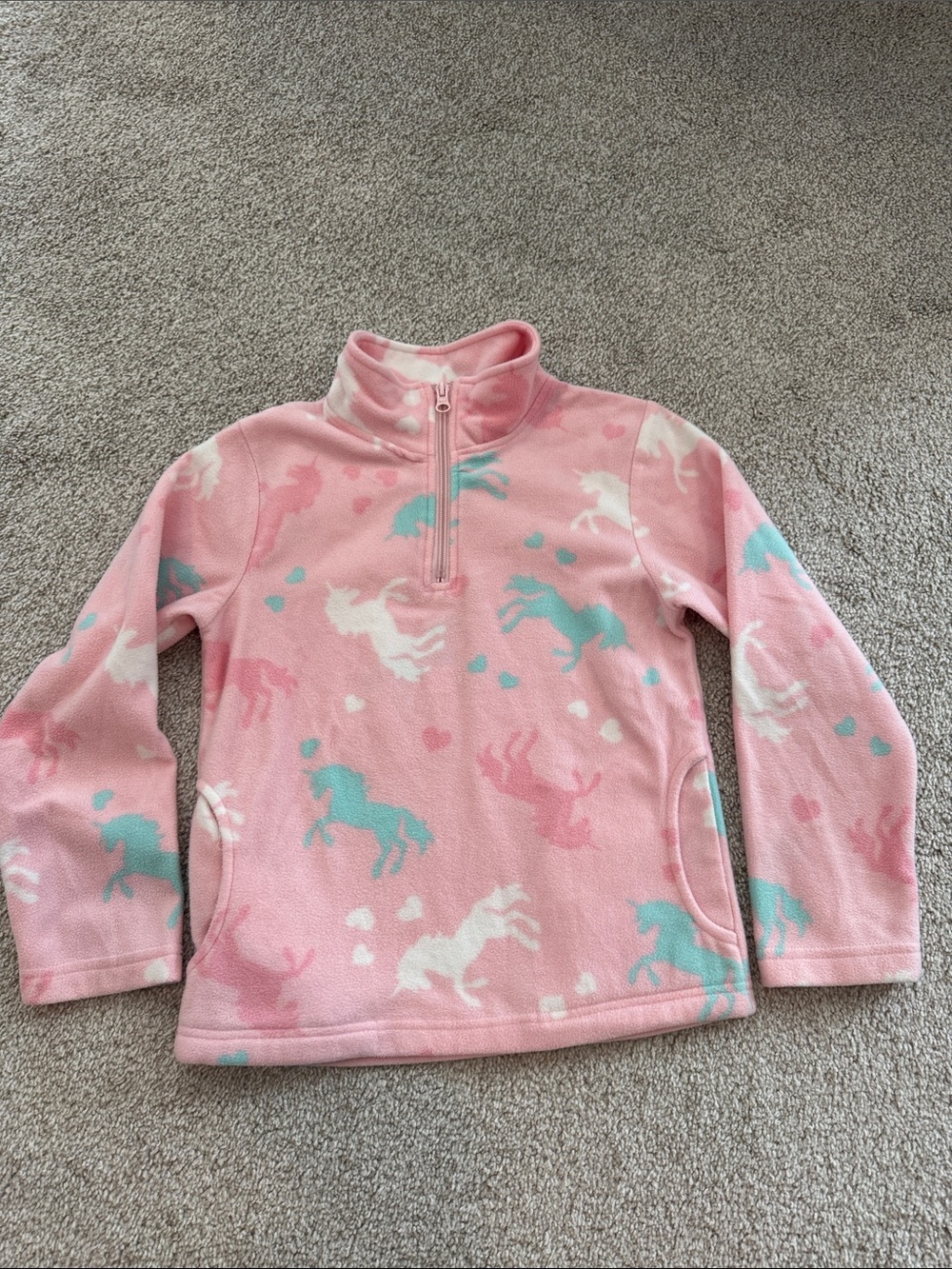 Kids Pink Unicorn Print Fleece Pullover - Soft Zip Neck